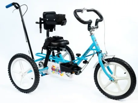 Triciclo adaptado Terrier azul con soporte postural y manillar circular