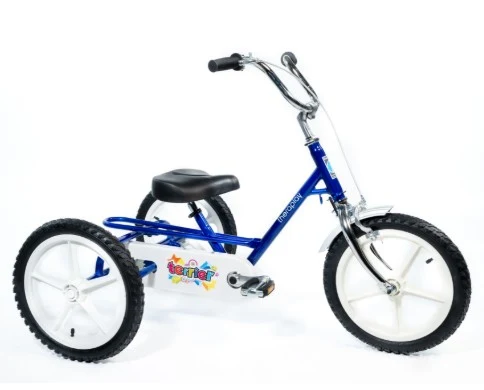 Triciclo adaptado Terrier azul con sillín y manillar estándar